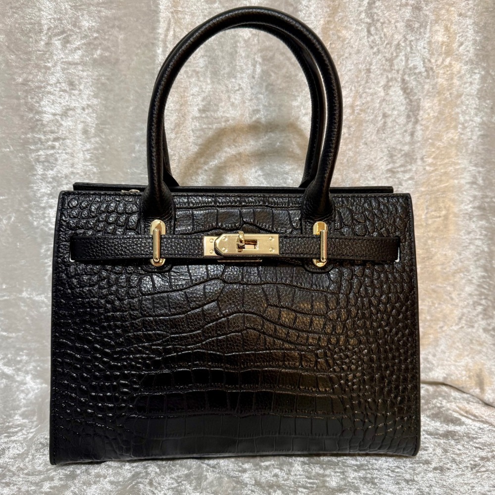 Verano Hill Marseille Black Croc Embossed Satchel Handbag Gold Hardware New - Picture 2 of 12